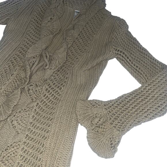 Y2K Ruffle Tan Tie Front Cardigan Midi Length Medium - Picture 6 of 9